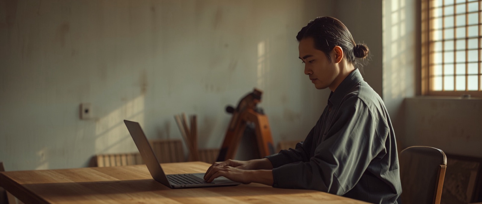 A Japanese craftsman working with quiet focus at a laptop in a minimalist wood-and-shoji studio — software crafted in Japan with care.
