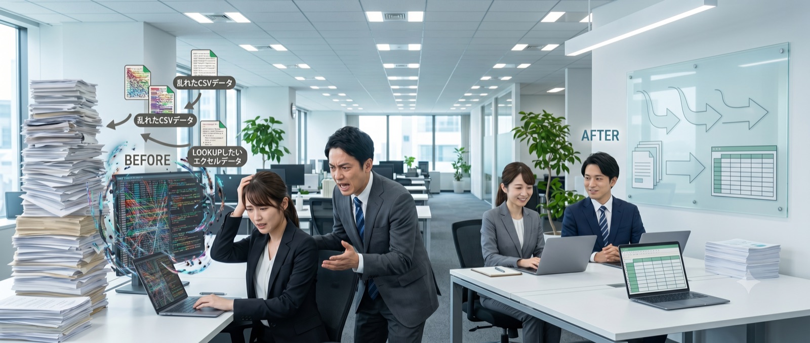 乱れたCSVデータの山に困る様子（BEFORE）が、整ったデータで余裕の様子（AFTER）に変わるイメージ