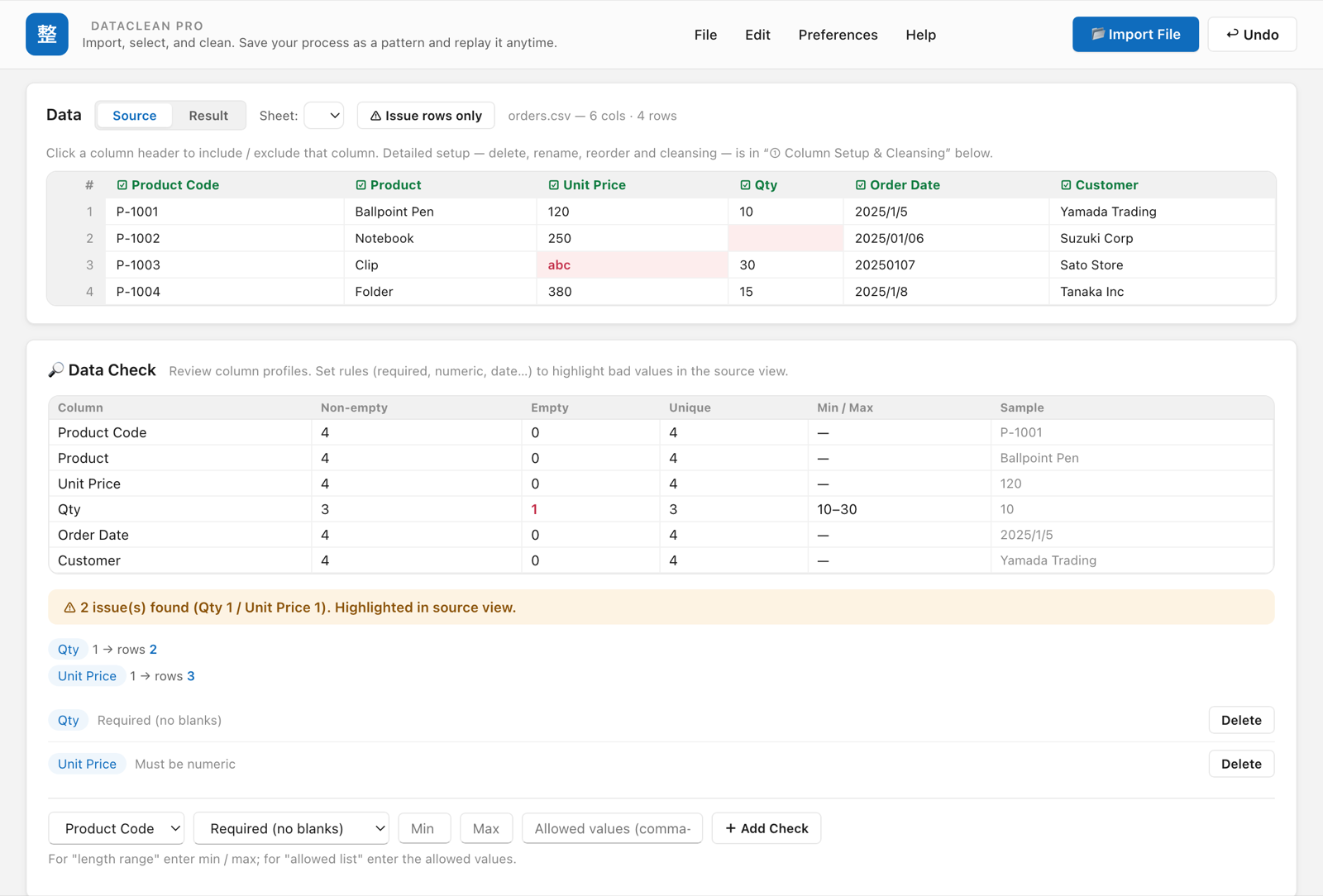 Data check screen in English: a blank Qty and a non-numeric Unit Price (abc) highlighted in the source table, with a count of issues to review