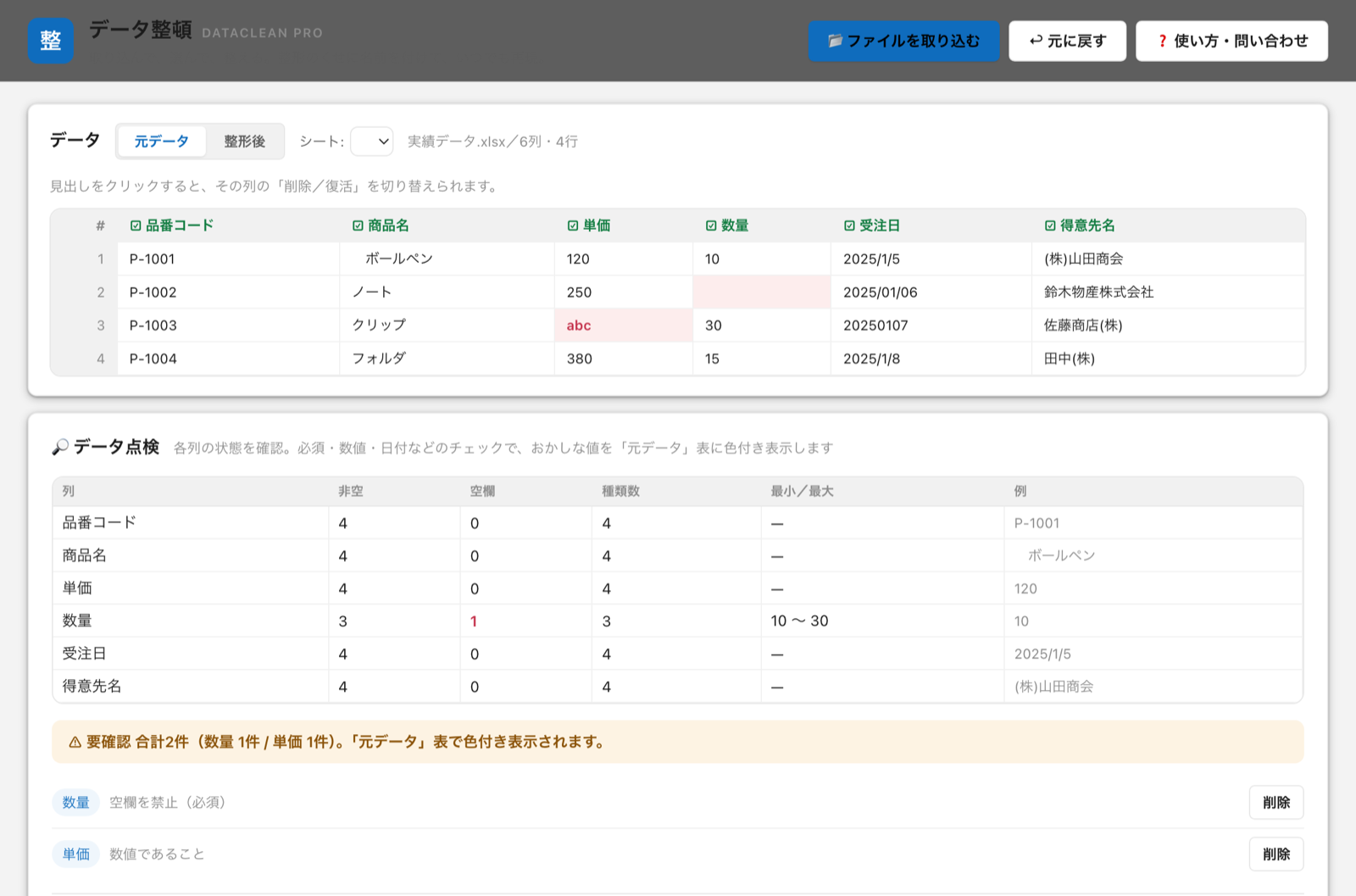 データ点検画面。空欄や数値でない値が元データ表に赤くハイライトされ、要確認件数も表示される