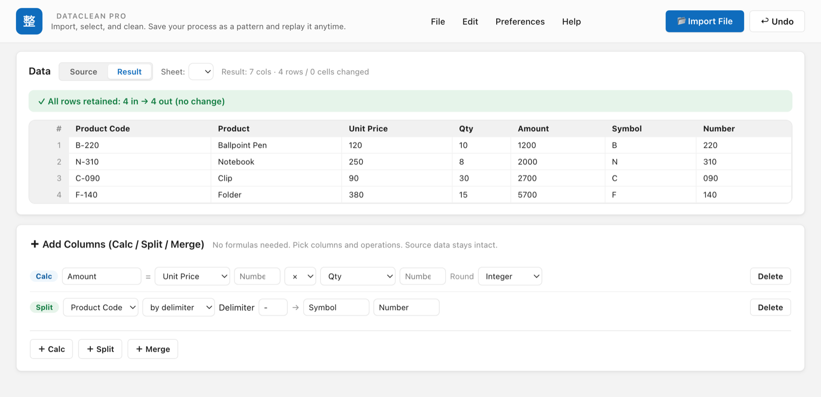 Add-columns screen in English: an Amount column calculated from Unit Price × Qty, and a product code split into Symbol and Number columns