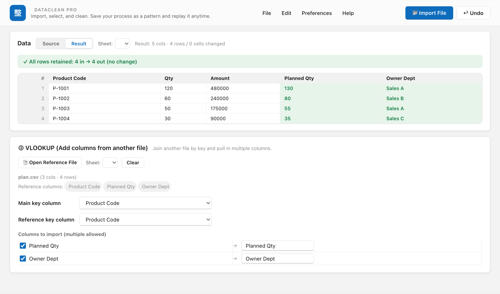 VLOOKUP screen in English: product codes matched against a reference file to pull in Planned Qty and Owner Dept columns, shown added to the result table
